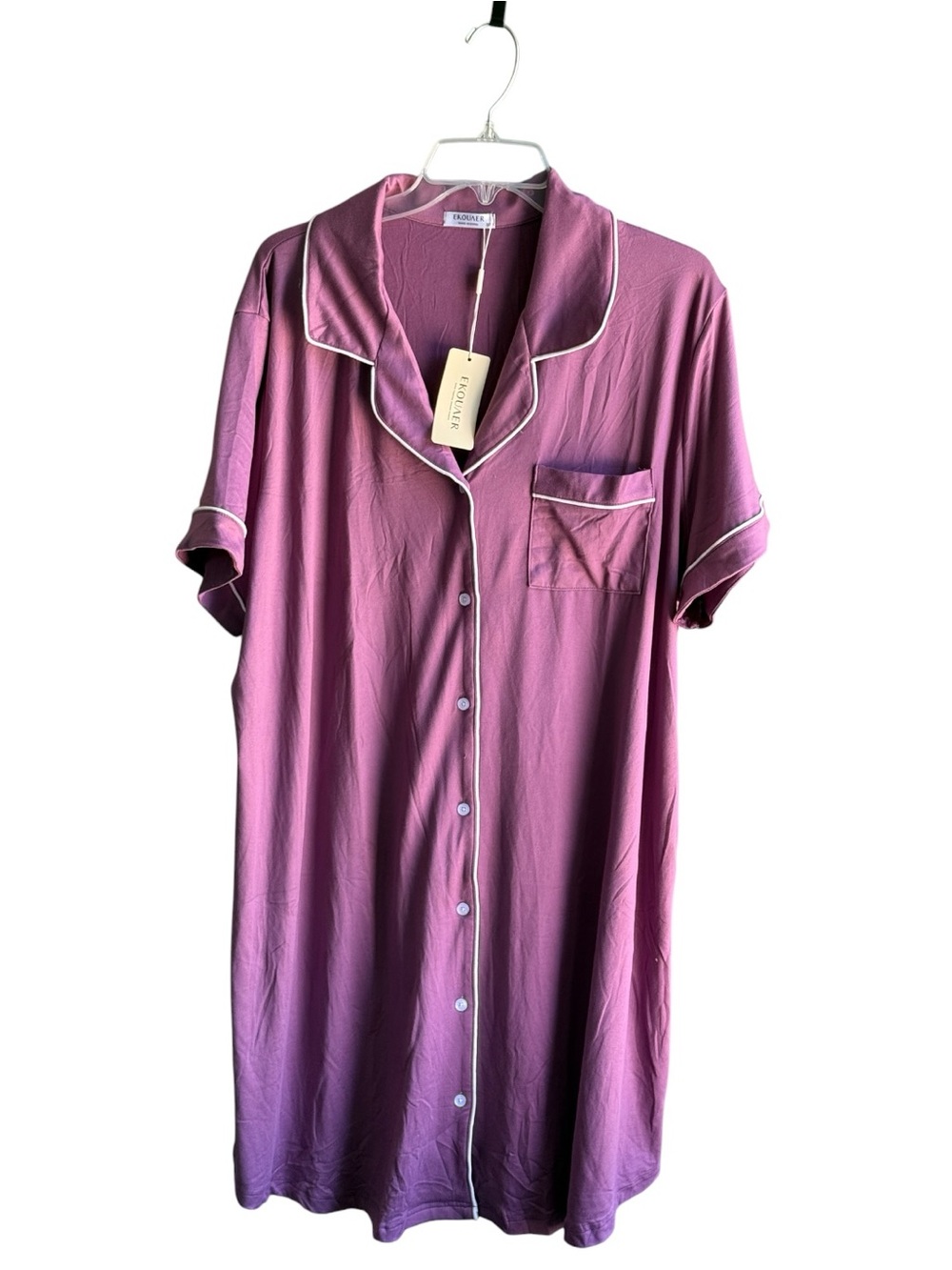 Ekouaer Nightgown for Women Button Sleep Shirt V Neck Pajama Dress Purple